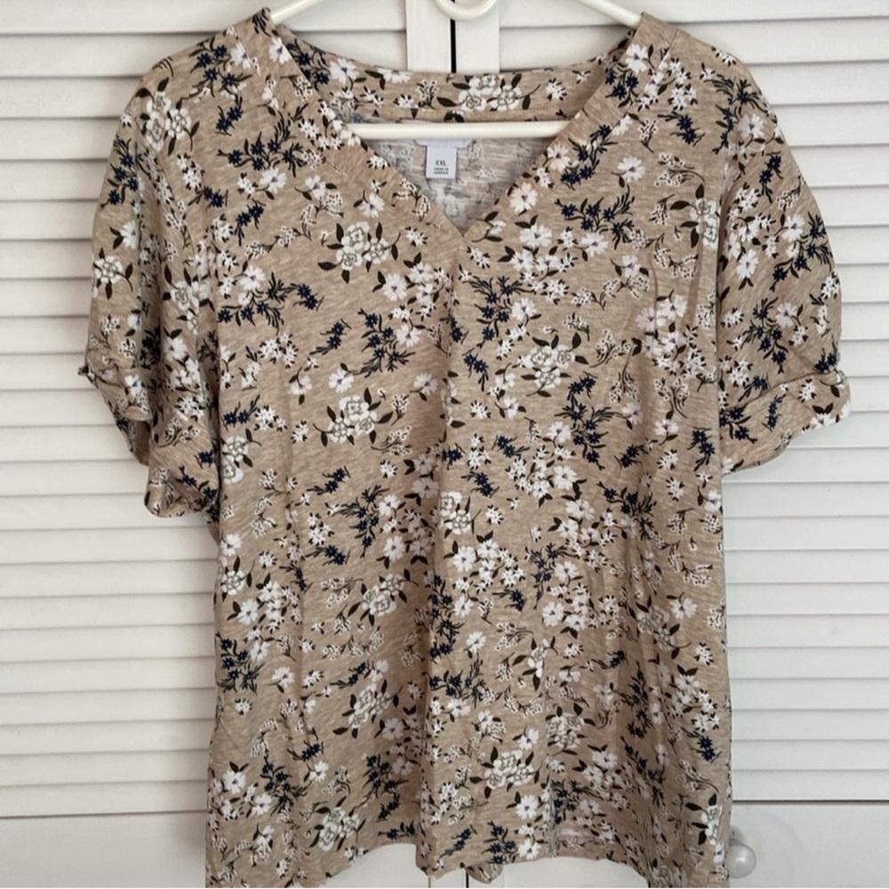 Liz Claiborne tan floral V-Neck Short Sleeve Top XXL - Picture 2 of 5